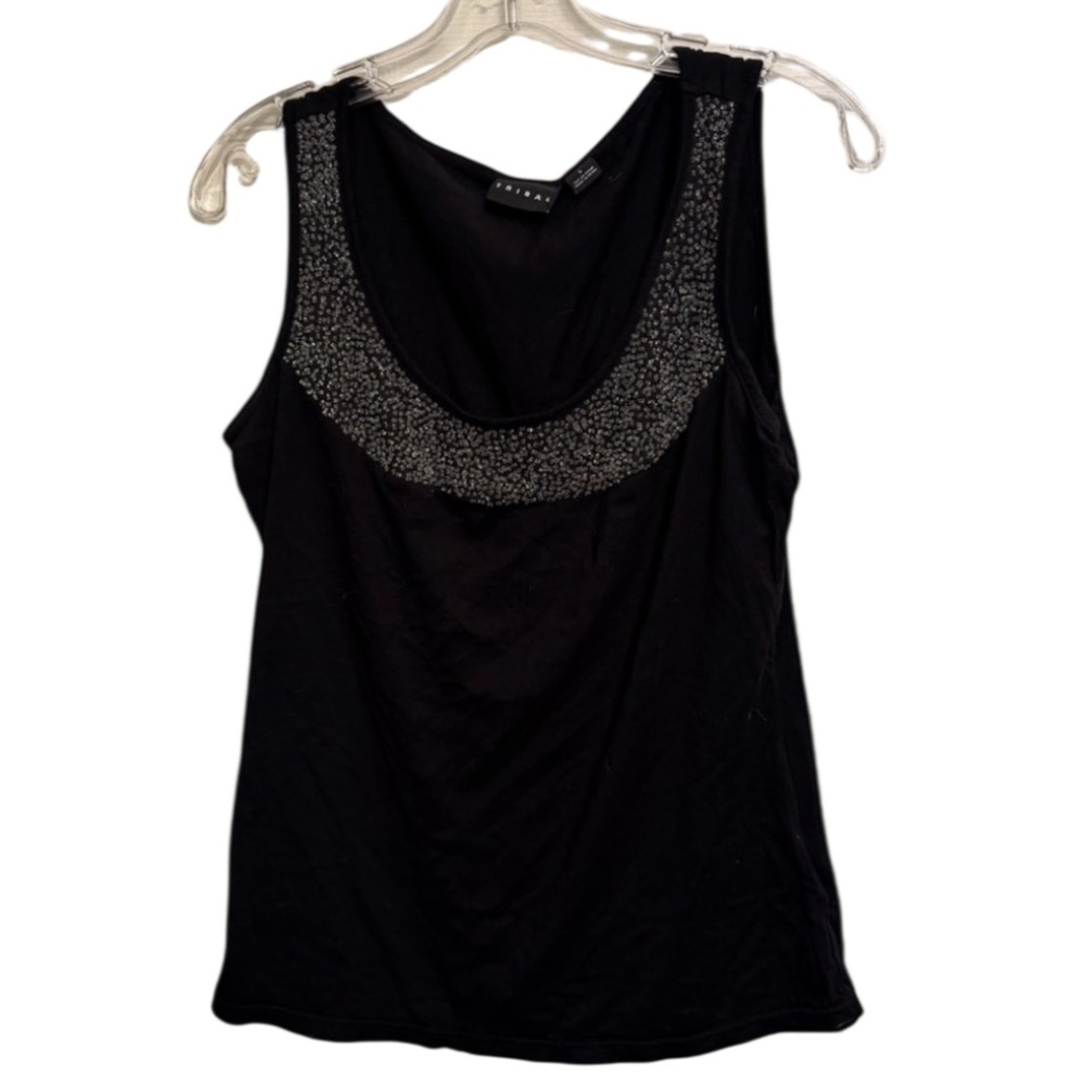 Tribal size large black scoop neck tank top with clear beaded neckline